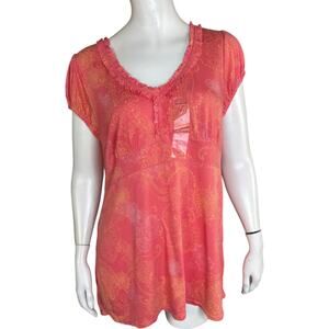 Calvin Klein Jeans Womens XL Coral V-Neck Short Sleeve Ruffle Top Paisley NWT